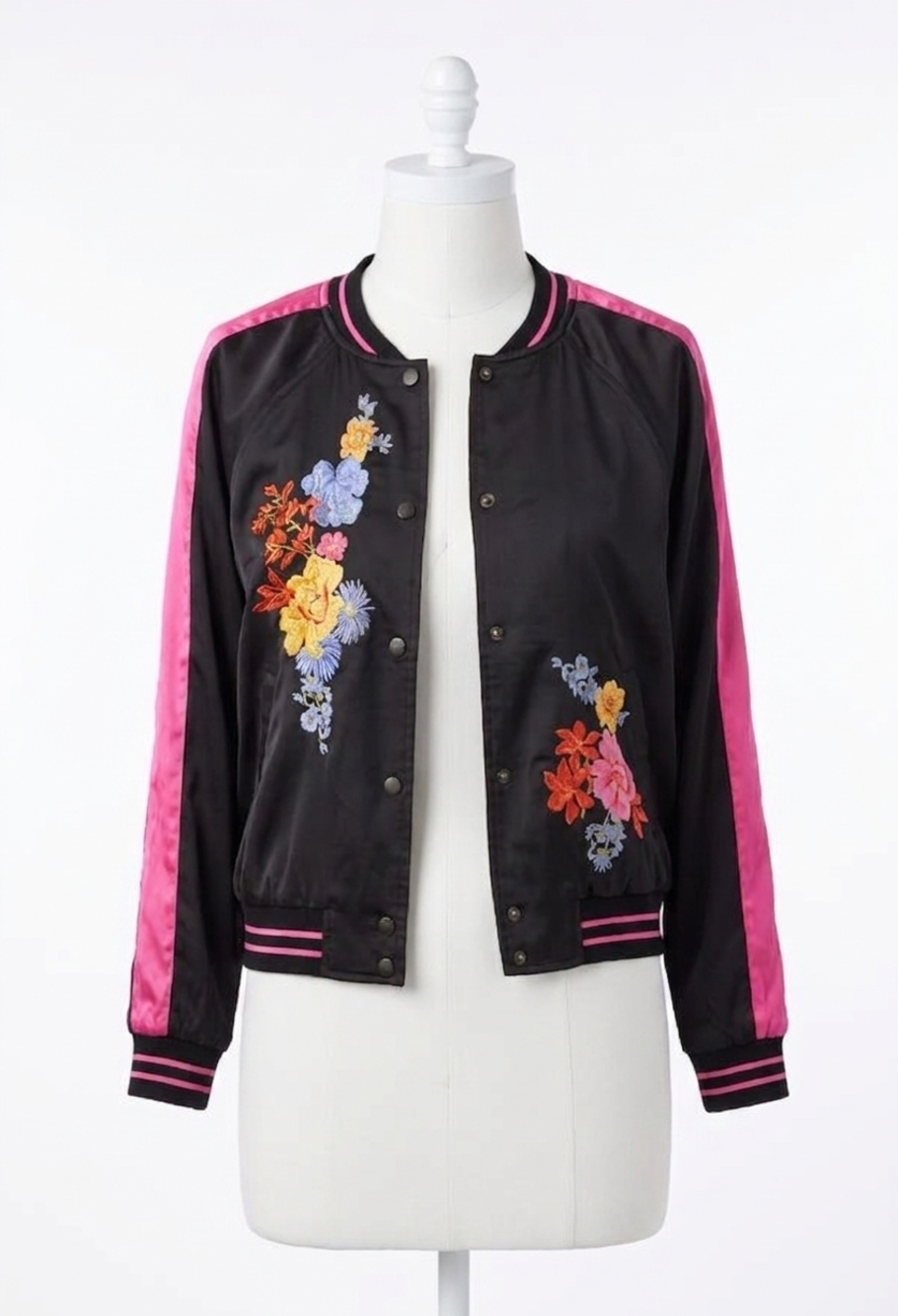 NEW PAPARAZZI floral embroidered reversible satin baseball jacket in black combo